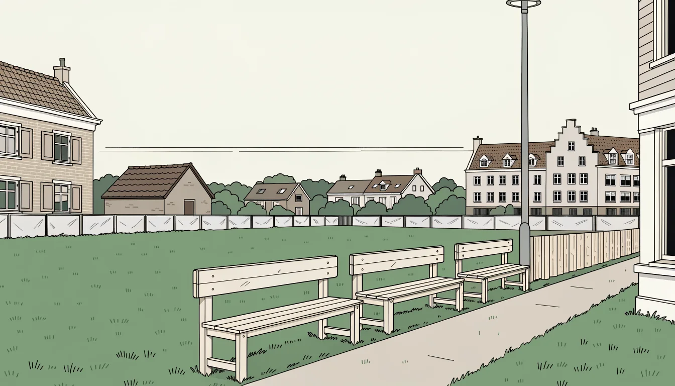 Leeg sportveld met afgedekte reclameborden langs de lijn.