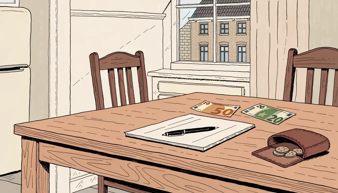 Notitieboek, pen en eurobankbiljetten op een houten keukentafel.